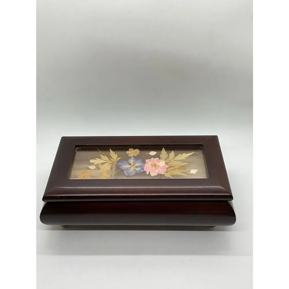 Vintage Bombay Company Floral Inlay Wooden Music Box - Plays Love story